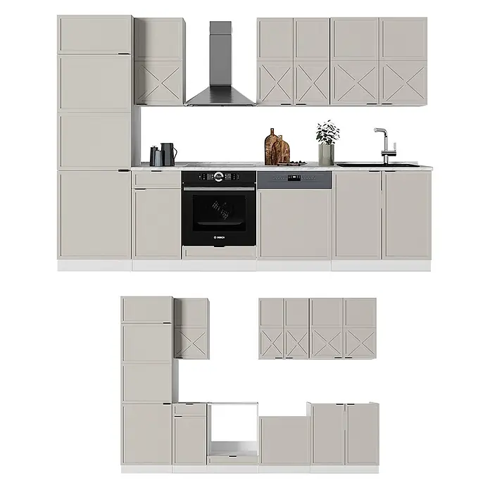 Vicco Küchenzeile Fame-Line GrauBeige/Weiß, AP Marmor - Breite: 300 cm, GrauBeige, Ohne Elektrogeräte - Modulare beigefarbene Küchenschränke mit X-Muster-Türen, integriertem Backofen, Geschirrspüler und Spüle.