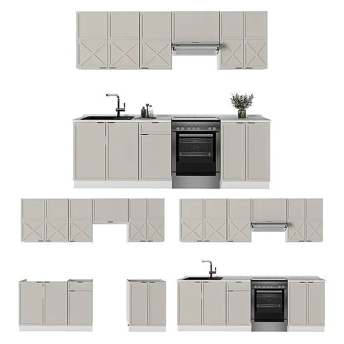 Vicco Küchenzeile Fame-Line GrauBeige/Weiß, AP Eiche - Breite: 240 cm, GrauBeige, Ohne Elektrogeräte - Modulare hellgraue Küchenschränke mit Spüle, Herd und Dunstabzug, mit X-Paneel-Details.