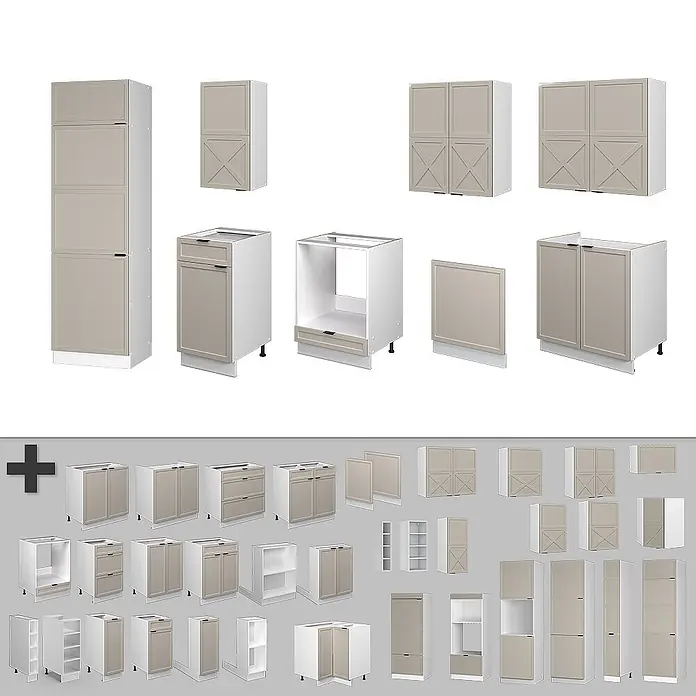 Vicco Küchenzeile Fame-Line GrauBeige/Weiß, AP Marmor - Breite: 300 cm, GrauBeige, Ohne Elektrogeräte - Weiße Küchenschrankkomponenten mit helltaupefarbenen Türen, inkl. Unter-, Ober- und Hochschränke, teils mit X-Muster.