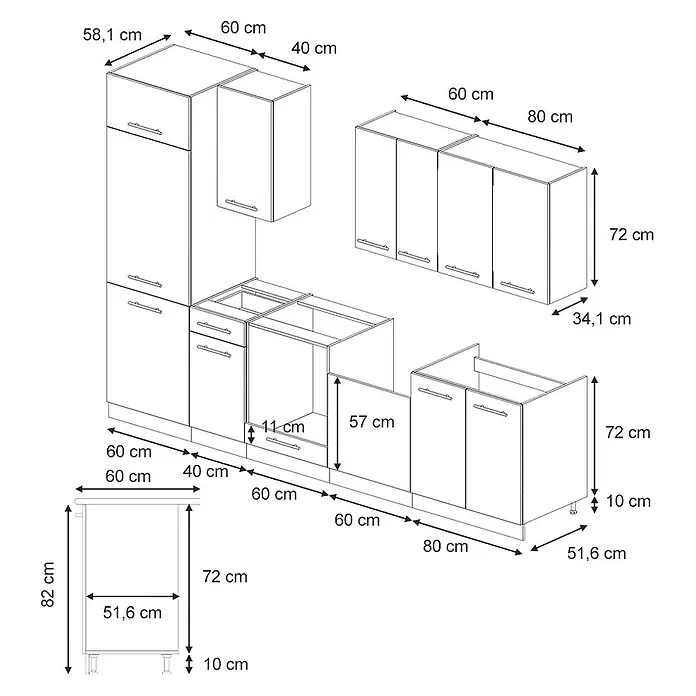 Vicco Küchenzeile Fame-Line GrauBeige/Anthrazit, AP Eiche - Breite: 300 cm, GrauBeige, Ohne Elektrogeräte - Weiße modulare Küchenschränke mit Unter-, Ober- und Hochschränken, bemaßt für flexible Anordnung.