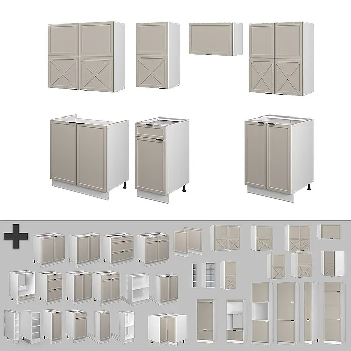 Vicco Küchenzeile Fame-Line GrauBeige/Weiß, AP Eiche - Breite: 240 cm, GrauBeige, Ohne Elektrogeräte - Modulare Küchenschränke in Hellbeige mit weißen Rahmen, darunter Wand-, Unter- und Hochschränke mit verschiedenen Tür- und Schubladenfronten.