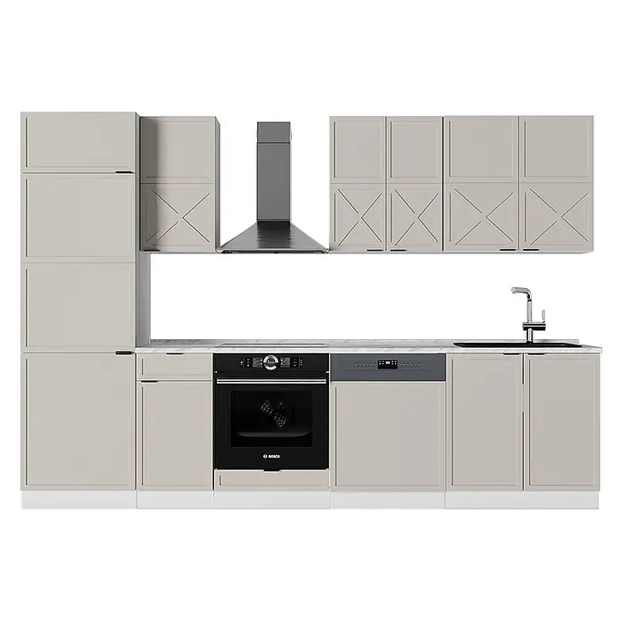 Vicco Küchenzeile Fame-Line GrauBeige/Weiß, AP Marmor - Breite: 300 cm, GrauBeige, Ohne Elektrogeräte - Moderne hellgraue Küche mit integriertem Backofen, Geschirrspüler, Kochfeld, Spüle und Dunstabzugshaube.
