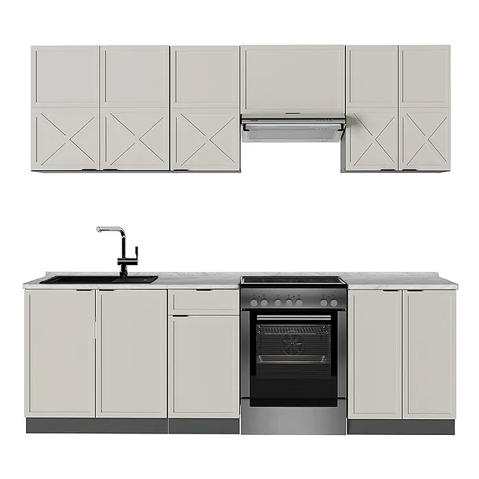Vicco Küchenzeile Fame-Line GrauBeige/Anthrazit, AP Marmor - Breite: 240 cm, GrauBeige, Ohne Elektrogeräte - Modulare Küchenzeile mit hellgrauen Schränken, schwarzem Spülbecken, Edelstahlarmatur und Backofen/Herd.