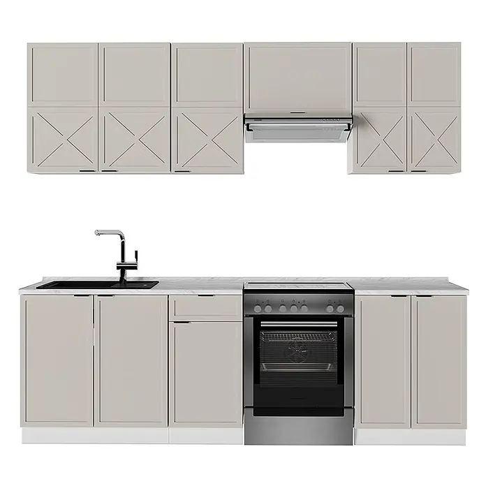 Vicco Küchenzeile Fame-Line GrauBeige/Weiß, AP Anthrazit - Breite: 240 cm, GrauBeige, Ohne Elektrogeräte - Eine modulare Küchenzeile mit hellgrauen Schränken, weißer Marmor-Arbeitsplatte, schwarzem Spülbecken und silbernem Backofen.