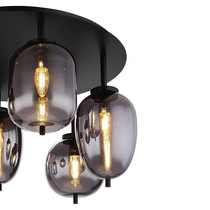 Globo Deckenleuchte Blacky - 40 W, E14 - Moderne schwarze Deckenleuchte mit mehreren Rauchglas-Schirmen und sichtbaren warmen Glühbirnen.
