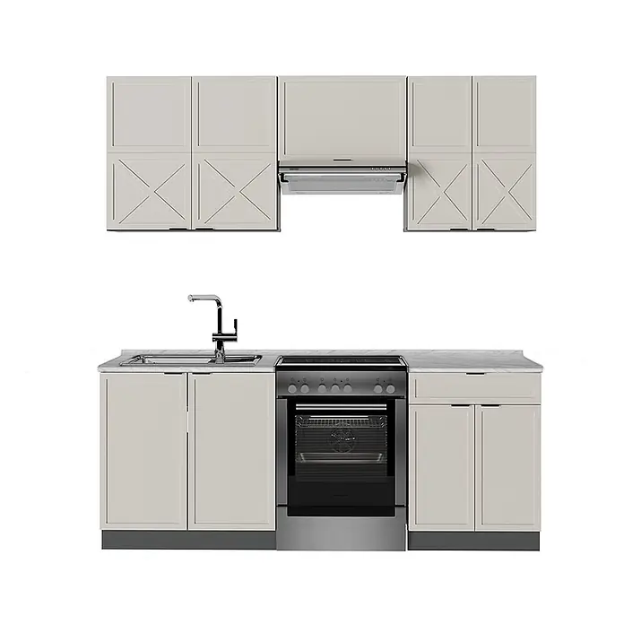 Vicco Küchenzeile Fame-Line GrauBeige/Anthrazit, AP Marmor - Breite: 200 cm, GrauBeige, Ohne Elektrogeräte - Helle beige Modulküche mit Zierschranktüren, weißer Marmor-Arbeitsplatte, Spüle, Armatur, integriertem Herd/Ofen und Dunstabzugshaube.