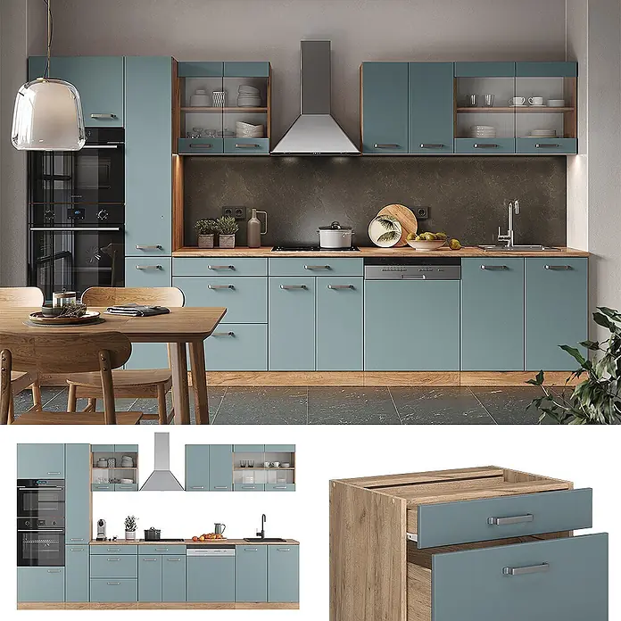 Vicco Küchenzeile R-Line Blau-Grau/Goldkraft Eiche mit Hochschrank, ohne Arbeitsplatte - Blau-Grau, Ohne Elektrogeräte - Moderne Küche mit blaugrauen Schränken, Holzoptik-Arbeitsplatten und Einbaugeräten.