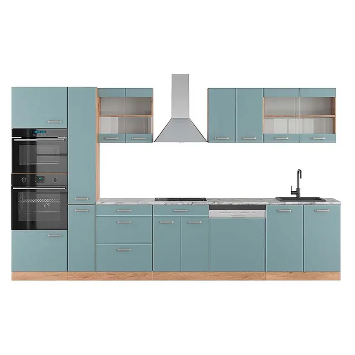 Vicco Küchenzeile R-Line Blau-Grau/Goldkraft Eiche mit Hochschrank, AP Marmor - Breite: 350 cm, Blau-Grau, Ohne Elektrogeräte - Moderne blaugrüne Küchenzeile mit Holzdetails, marmorierter Arbeitsplatte und integrierten Backöfen, Kochfeld, Dunstabzug, Geschirrspüler, Spüle.