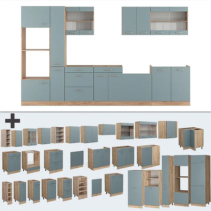 Vicco Küchenzeile R-Line Blau-Grau/Goldkraft Eiche mit Hochschrank, ohne Arbeitsplatte - Blau-Grau, Ohne Elektrogeräte - Modulare Küchenschränke in Blau-Grau mit heller Holzoptik, inklusive Unter-, Ober- und Hochschränken.