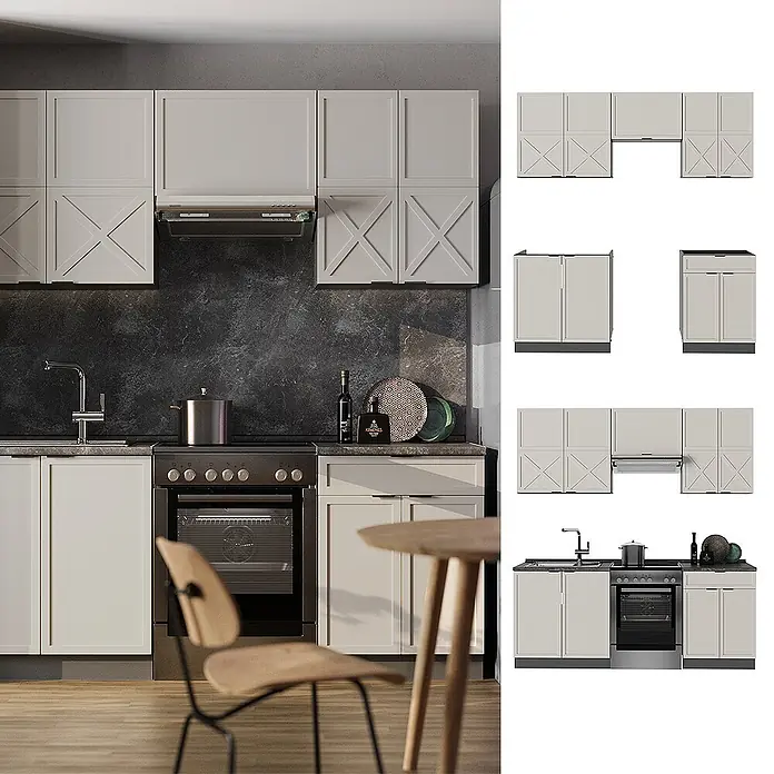 Vicco Küchenzeile Fame-Line GrauBeige/Anthrazit, AP Marmor - Breite: 200 cm, GrauBeige, Ohne Elektrogeräte - Helle graue modulare Küchenschränke mit oberen Türen im X-Muster, integriertem Ofen und Spüle, in einer modernen Küche.