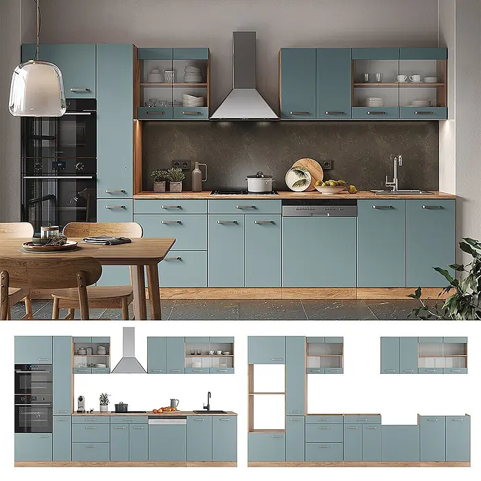 Vicco Küchenzeile R-Line Blau-Grau/Goldkraft Eiche mit Hochschrank, AP Eiche - Breite: 350 cm, Blau-Grau, Ohne Elektrogeräte - Moderne blau-grüne Küchenschränke mit Holz Akzenten in einer funktionalen Küchenanordnung, mit integrierten Geräten und modularen Optionen.