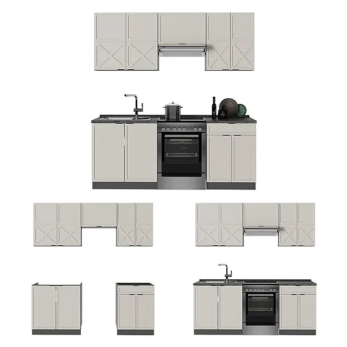 Vicco Küchenzeile Fame-Line GrauBeige/Anthrazit, AP Marmor - Breite: 200 cm, GrauBeige, Ohne Elektrogeräte - Modulare hellbeige Küchenschränke mit dunklen Arbeitsplatten, Spüle, Herd, Backofen, Dunstabzugshaube in verschiedenen Aufstellungen.