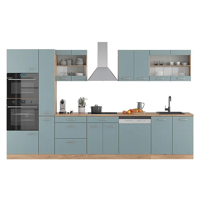 Vicco Küchenzeile R-Line Blau-Grau/Goldkraft Eiche mit Hochschrank, ohne Arbeitsplatte - Blau-Grau, Ohne Elektrogeräte - Moderne Küchenzeile mit hellblauen Schränken, Holz-Arbeitsplatten und integrierten Geräten wie Öfen, Kochfeld, Geschirrspüler und Spüle.