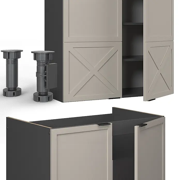 Vicco Küchenzeile Fame-Line GrauBeige/Anthrazit, AP Marmor - Breite: 200 cm, GrauBeige, Ohne Elektrogeräte - Dunkelgraue, verstellbare Kunststoff-Schrankfüße und zwei hellbeige Küchenunterschränke mit X-Streben-Türen und schwarzen Griffen.
