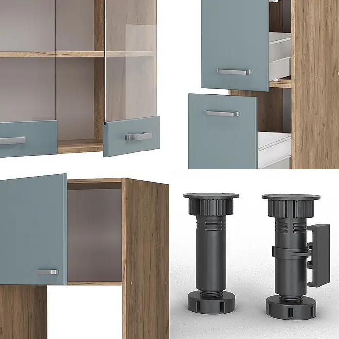 Vicco Küchenzeile R-Line Blau-Grau/Goldkraft Eiche mit Hochschrank, ohne Arbeitsplatte - Blau-Grau, Ohne Elektrogeräte - Modulares Schranksystem mit Holzoptik und blau-grauen Elementen, Griffen und verstellbaren schwarzen Möbelfüßen.