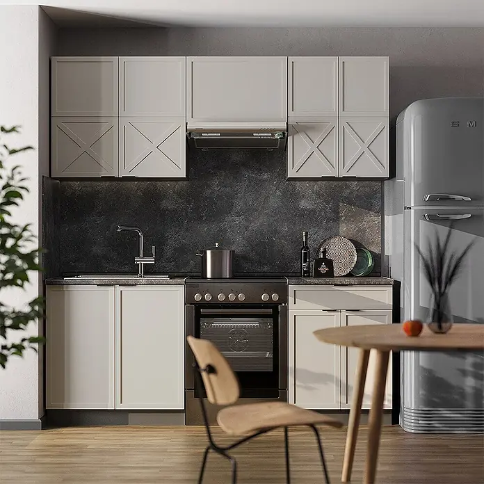 Vicco Küchenzeile Fame-Line GrauBeige/Anthrazit, AP Marmor - Breite: 200 cm, GrauBeige, Ohne Elektrogeräte - Helle modulare Küche mit dunklen Arbeitsplatten, Einbauherd, Spüle und grauem Retro-Kühlschrank.