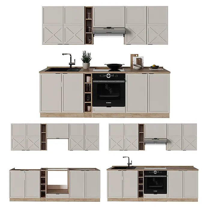 Vicco Küchenzeile Fame-Line GrauBeige/Goldkraft Eiche, AP Eiche - Breite: 235 cm, GrauBeige, Ohne Elektrogeräte - Modulare Küche mit hellbeigen Schränken, heller Holz-Arbeitsplatte, Spüle, Armatur, Backofen, Herd und Dunstabzugshaube, inklusive offener Regale.