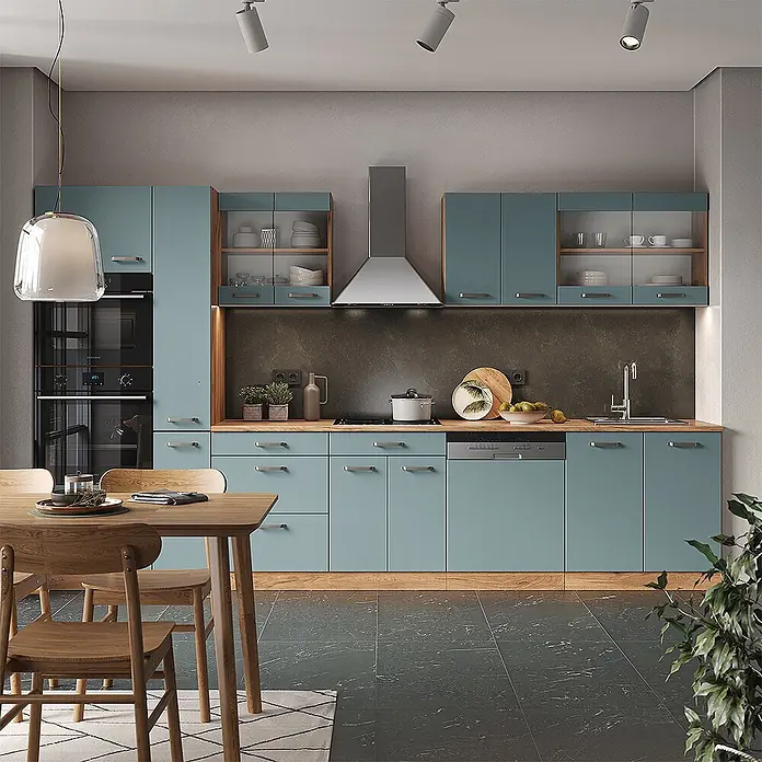 Vicco Küchenzeile R-Line Blau-Grau/Goldkraft Eiche mit Hochschrank, ohne Arbeitsplatte - Blau-Grau, Ohne Elektrogeräte - Moderne Küche mit hellblauen Schränken, Holzarbeitsplatten und Edelstahleinbaugeräten wie Backofen, Kochfeld, Spüle und Geschirrspüler.