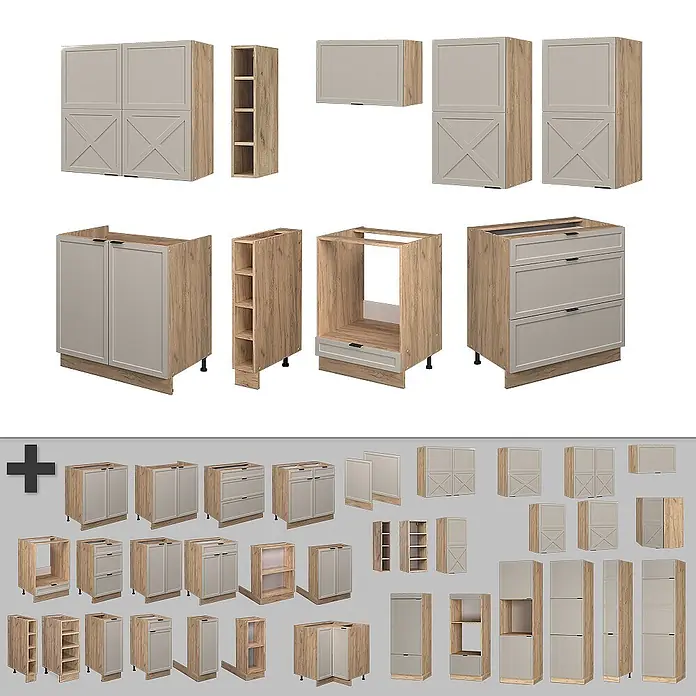 Vicco Küchenzeile Fame-Line GrauBeige/Goldkraft Eiche, AP Eiche - Breite: 235 cm, GrauBeige, Ohne Elektrogeräte - Verschiedene Küchenschrankmodule: helle Holzoptik-Korpusse mit hellgrauen Türen und Schubladen, für Wand- und Unterschränke.