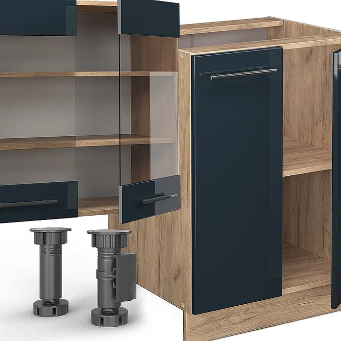 Vicco Küchenzeile Fame-Line Dunkelblau Hochglanz mit Hochschrank, ohne Arbeitsplatte - Dunkelblau Hochglanz, Ohne Elektrogeräte - Modulare Küchenschränke mit hochglänzenden dunkelblauen Türen und hellem Eichendekor-Korpus. Inkl. Glastüren und verstellbaren Füßen.