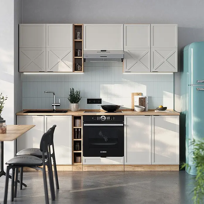 Vicco Küchenzeile Fame-Line GrauBeige/Goldkraft Eiche, AP Eiche - Breite: 235 cm, GrauBeige, Ohne Elektrogeräte - Schwarzer Einbaubackofen in moderner Küchenzeile unter Kochfeld mit heller Holzplatte.