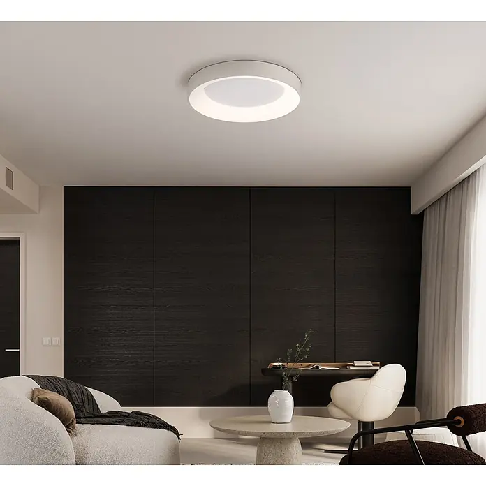 Globo LED-Deckenleuchte rund Gallegos - 48 W, Ø x H: 50 cm x 85 mm - Weiße runde Deckenleuchte, die ein modernes Wohnzimmer hell beleuchtet.