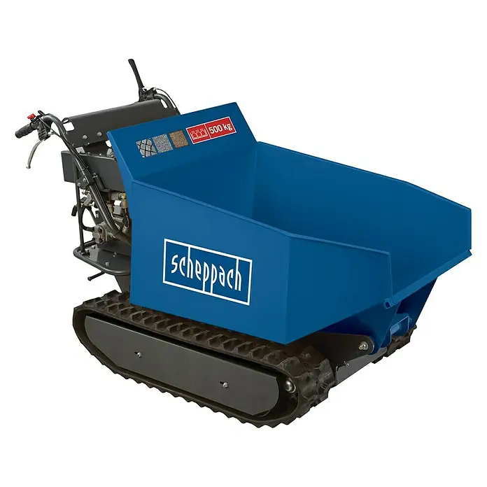 Scheppach Kettendumper DP 5000 - Motorbetrieben, Fassungsvermögen: 125 l, Traglast: 500 kg - Bild eines blauen Scheppach Mini-Dumpers mit Kettenlaufwerk, ideal für den Transport von bis zu 500 kg Material im Garten oder auf Baustellen.