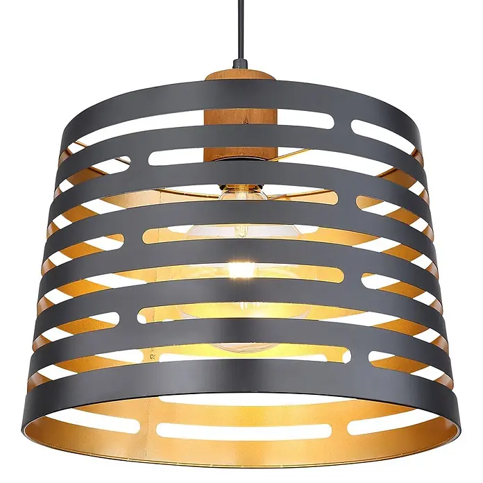 Globo Pendelleuchte Ablona 120 x 35 cm - 60 W, Schwarz, Gold, E27 - Dunkelgraue Metall-Pendelleuchte mit horizontalen Aussparungen, goldener Innenseite, Holzdetails und sichtbarer Glühbirne.