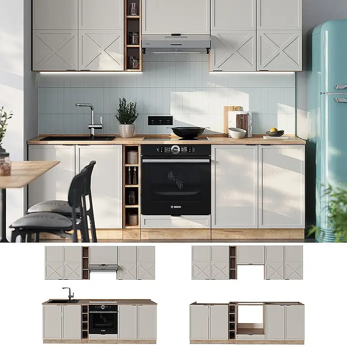 Vicco Küchenzeile Fame-Line GrauBeige/Goldkraft Eiche, AP Eiche - Breite: 235 cm, GrauBeige, Ohne Elektrogeräte - Moderne modulare Küche mit hellgrauen Schränken, Holzarbeitsplatten, integriertem Backofen und Spülbecken. Ober- und Unterschränke mit Zier-X-Türen.