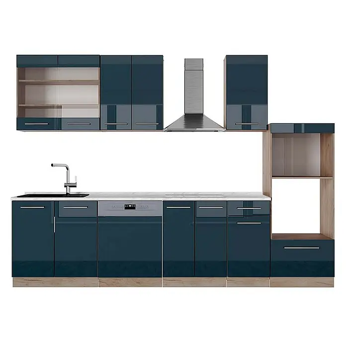 Vicco Küchenzeile Fame-Line Dunkelblau Hochglanz mit Hochschrank, AP Marmor - Dunkelblau Hochglanz, Ohne Elektrogeräte - Moderne Küchenzeile mit glänzenden dunkelblauen Schränken, integrierten Geräten und holzfarbenen Regalen.