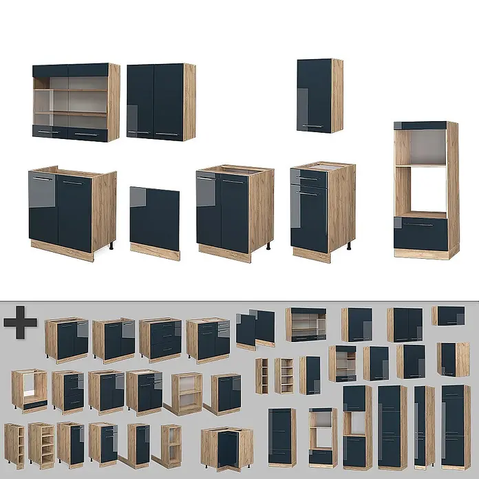 Vicco Küchenzeile Fame-Line Dunkelblau Hochglanz mit Hochschrank, AP Marmor - Breite: 300 cm, Dunkelblau Hochglanz, Ohne Elektrogeräte - Modulares Küchenschrank-Set mit dunkelblauen Hochglanzfronten und hellen Holzdekor-Korpen, bestehend aus Unter-, Ober- und Hochschränken.