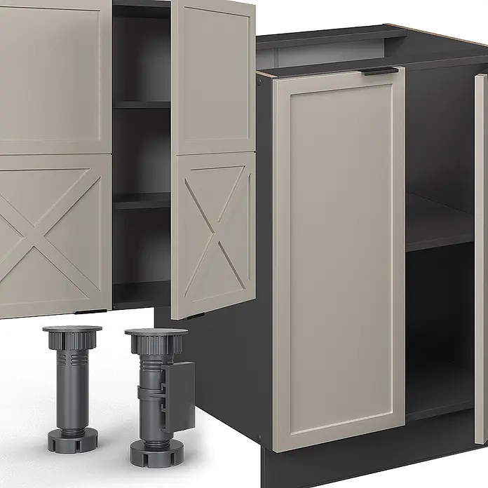 Vicco Küchenzeile Fame-Line GrauBeige/Anthrazit mit Hochschrank, AP Marmor - Breite: 300 cm, GrauBeige, Ohne Elektrogeräte - Beigefarbene Küchenschränke mit schwarzem Interieur und geöffneten Türen, daneben zwei schwarze, verstellbare Schrankfüße.