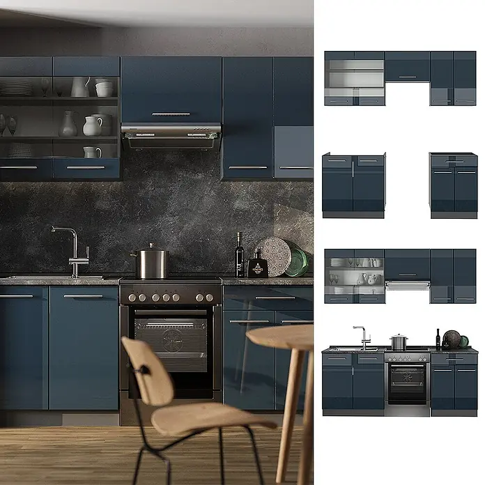Vicco Küchenzeile Fame-Line Dunkelblau Hochglanz/Anthrazit, AP Marmor - Dunkelblau Hochglanz, Ohne Elektrogeräte - Moderne Küche mit glänzend blauen Schränken und modularen Elementen.