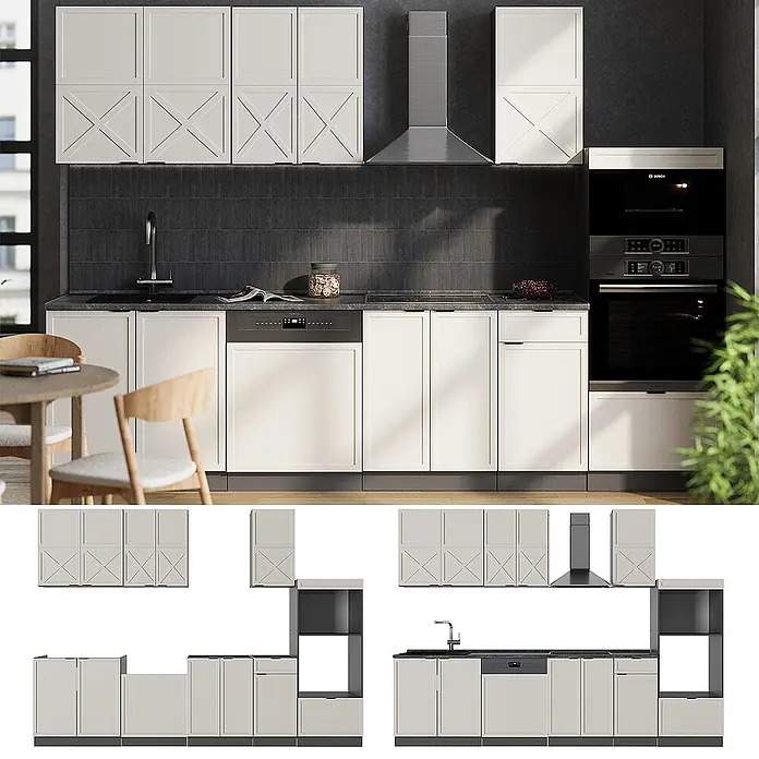 Vicco Küchenzeile Fame-Line GrauBeige/Anthrazit mit Hochschrank, AP Marmor - Breite: 300 cm, GrauBeige, Ohne Elektrogeräte - Moderne Küche mit hellbeigen gemusterten Schränken, dunkler Arbeitsplatte und integrierten schwarzen Geräten wie Geschirrspüler, Ofen und Kochfeld.
