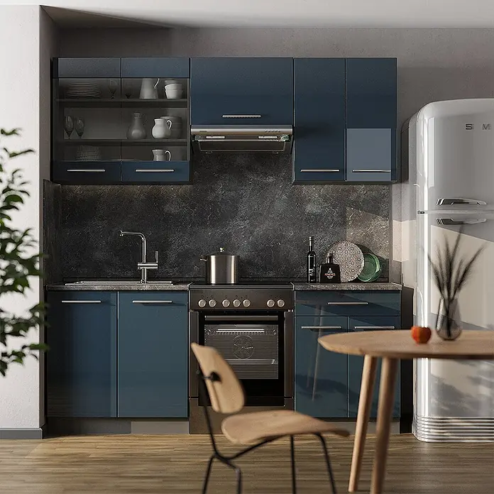 Vicco Küchenzeile Fame-Line Dunkelblau Hochglanz/Anthrazit, AP Marmor - Dunkelblau Hochglanz, Ohne Elektrogeräte - Moderne blaue Hochglanz-Küchenzeile mit Spüle, Backofen und Stauraumschränken.