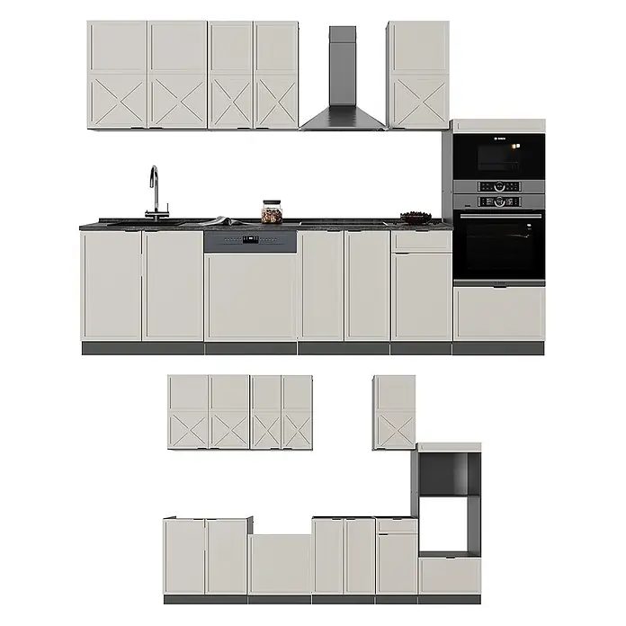Vicco Küchenzeile Fame-Line GrauBeige/Anthrazit mit Hochschrank, AP Marmor - Breite: 300 cm, GrauBeige, Ohne Elektrogeräte - Modulare Küche in Hellbeige mit dunkler Arbeitsplatte, Spüle, integriertem Geschirrspüler, Ofen, Mikrowelle. Zeigt montierte und einzelne Schrankelemente.