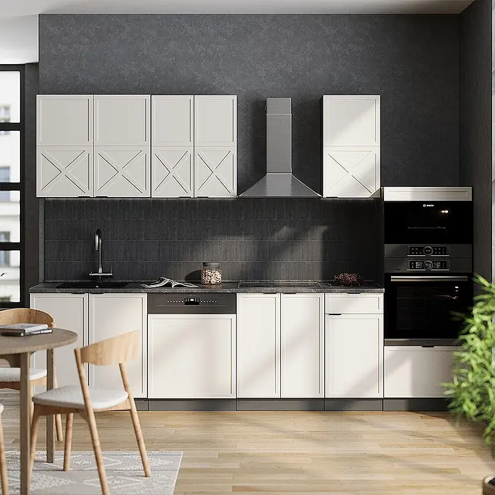Vicco Küchenzeile Fame-Line GrauBeige/Anthrazit mit Hochschrank, AP Marmor - Breite: 300 cm, GrauBeige, Ohne Elektrogeräte - Moderne Küche mit cremefarbenen Schränken, dunkelgrauem Fliesenspiegel und integrierten Geräten.