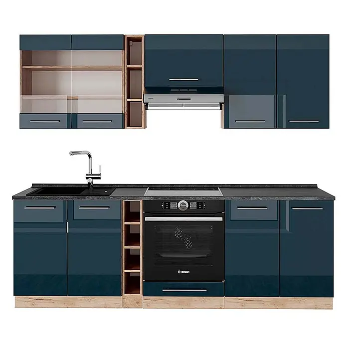 Vicco Küchenzeile Fame-Line Dunkelblau Hochglanz/Goldkraft Eiche, AP Anthrazit - Breite: 235 cm, Dunkelblau Hochglanz, Ohne Elektrogeräte - Petrolfarbene Küchenmöbel mit Hochglanzoberfläche, Holzdetails, dunkler Arbeitsplatte, integriertem Ofen und Spüle.