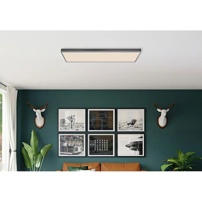 Globo LED-Panel Doro - 36 W, L x B x H: 1.200 x 300 x 75 mm - Elegante rechteckige LED-Deckenleuchte mit grauem Rahmen, spendet warmes Licht.