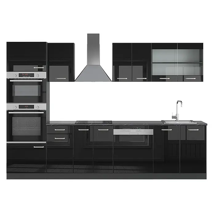 Vicco Küchenzeile R-Line Schwarz Hochglanz/Anthrazit mit Hochschrank, ohne Arbeitsplatte - Breite: 300 cm, Schwarz Hochglanz, Ohne Elektrogeräte - Moderne Küchenzeile mit schwarzen Hochglanzschränken, silbernen Geräten und dunkler Marmorarbeitsplatte.