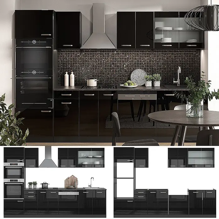 Vicco Küchenzeile R-Line Schwarz Hochglanz/Anthrazit mit Hochschrank, AP Anthrazit - Schwarz Hochglanz, Ohne Elektrogeräte - Moderne schwarz glänzende Küchenzeile mit Einbaugeräten in funktionaler Küchenumgebung.