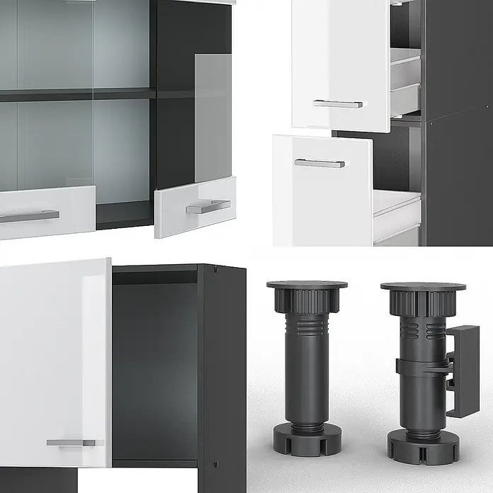 Vicco Küchenzeile R-Line Weiß Hochglanz/Anthrazit mit Hochschrank - Breite: 350 cm, Weiß Hochglanz, Ohne Elektrogeräte - Modulare weiße und dunkelgrau/schwarze Möbelkomponenten: Schränke mit Glastüren, Schubladen und verstellbare Kunststofffüße.