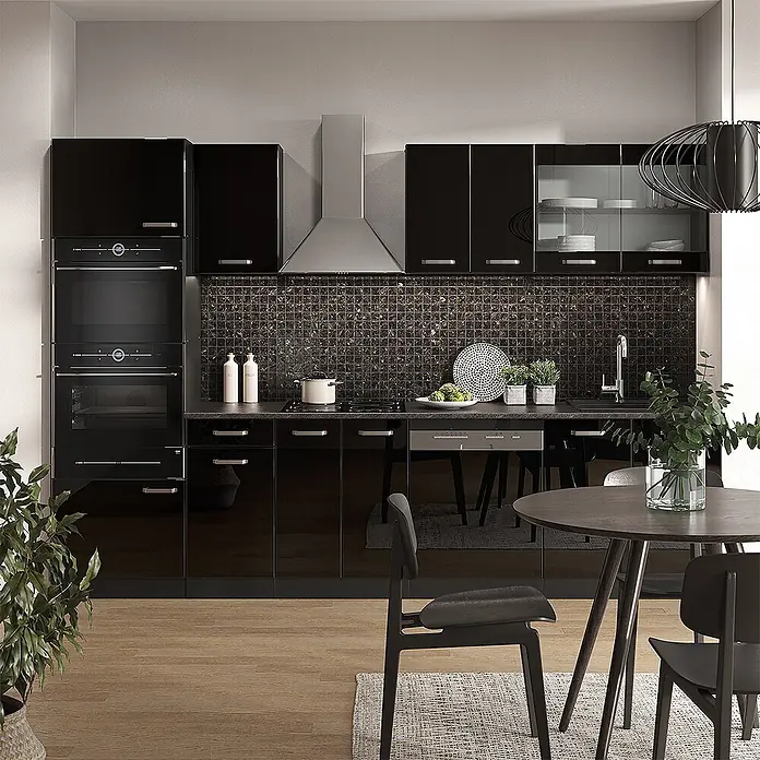 Vicco Küchenzeile R-Line Schwarz Hochglanz/Anthrazit mit Hochschrank, ohne Arbeitsplatte - Breite: 300 cm, Schwarz Hochglanz, Ohne Elektrogeräte - Moderne schwarze Hochglanzküche mit dunklem Mosaik-Spritzschutz, integrierten Öfen, Edelstahlhaube und Essbereich.