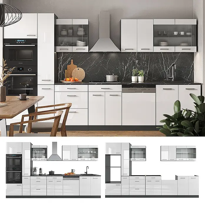 Vicco Küchenzeile R-Line Weiß Hochglanz/Anthrazit mit Hochschrank, AP Marmor - Weiß Hochglanz, Ohne Elektrogeräte - Moderne Küche mit weißen Hochglanzschränken, schwarzen Geräten und Marmor-Rückwand, modular aufgebaut.