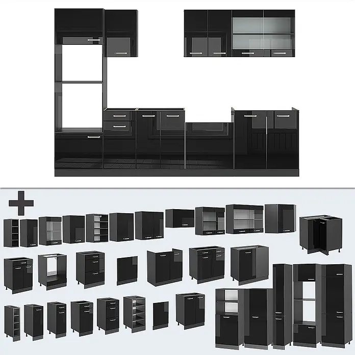 Vicco Küchenzeile R-Line Schwarz Hochglanz/Anthrazit mit Hochschrank, ohne Arbeitsplatte - Breite: 300 cm, Schwarz Hochglanz, Ohne Elektrogeräte - Modulares, schwarzes Hochglanz-Küchenschrank-Set mit verschiedenen Einheiten zur individuellen Montage.