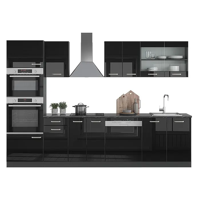 Vicco Küchenzeile R-Line Schwarz Hochglanz/Anthrazit mit Hochschrank, ohne Arbeitsplatte - Breite: 300 cm, Schwarz Hochglanz, Ohne Elektrogeräte - Moderne schwarze Küche mit Hochglanzschränken, Edelstahlelementen wie Backofen, Mikrowelle, Kochfeld, Spülmaschine, Spüle und Dunstabzugshaube.