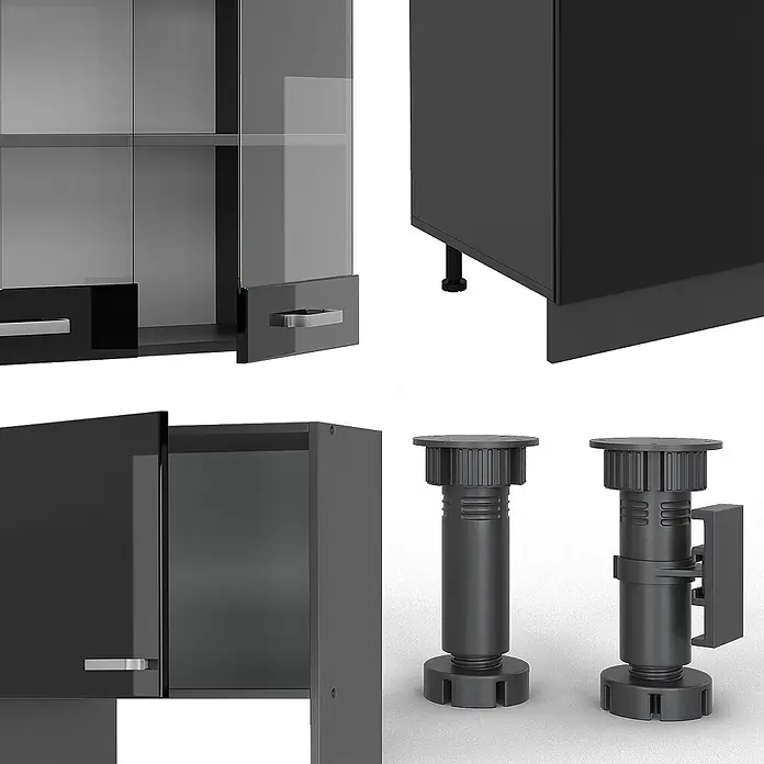 Vicco Küchenzeile R-Line Schwarz Hochglanz/Anthrazit mit Hochschrank, ohne Arbeitsplatte - Breite: 300 cm, Schwarz Hochglanz, Ohne Elektrogeräte - Dunkelgraues/schwarzes Küchenschranksystem mit Glas- und Volltüren, gezeigt mit verstellbaren Sockelfüßen.