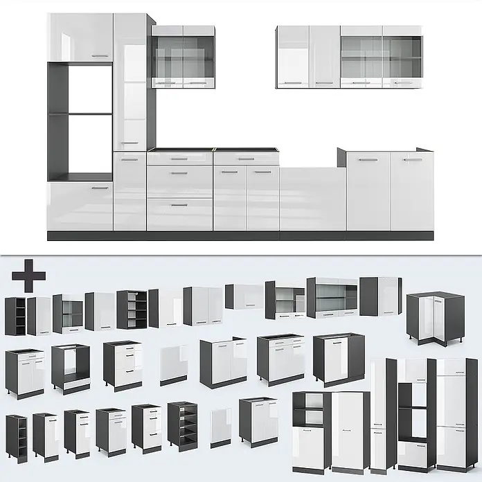 Vicco Küchenzeile R-Line Weiß Hochglanz/Anthrazit mit Hochschrank - Breite: 350 cm, Weiß Hochglanz, Ohne Elektrogeräte - Modulare Küchenschrank-Set in Weißglanz und Grau, mit verschiedenen Unter- und Oberschränken für modernes Küchendesign.