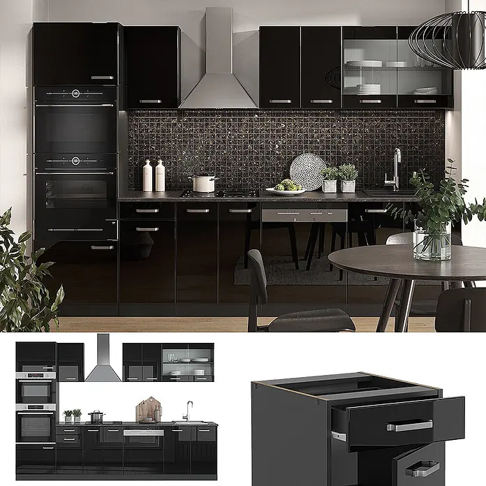 Vicco Küchenzeile R-Line Schwarz Hochglanz/Anthrazit mit Hochschrank, ohne Arbeitsplatte - Breite: 300 cm, Schwarz Hochglanz, Ohne Elektrogeräte - Hochglanz-schwarze Küchenzeile mit Einbaugeräten und dunkler Arbeitsplatte in modernem Ambiente.