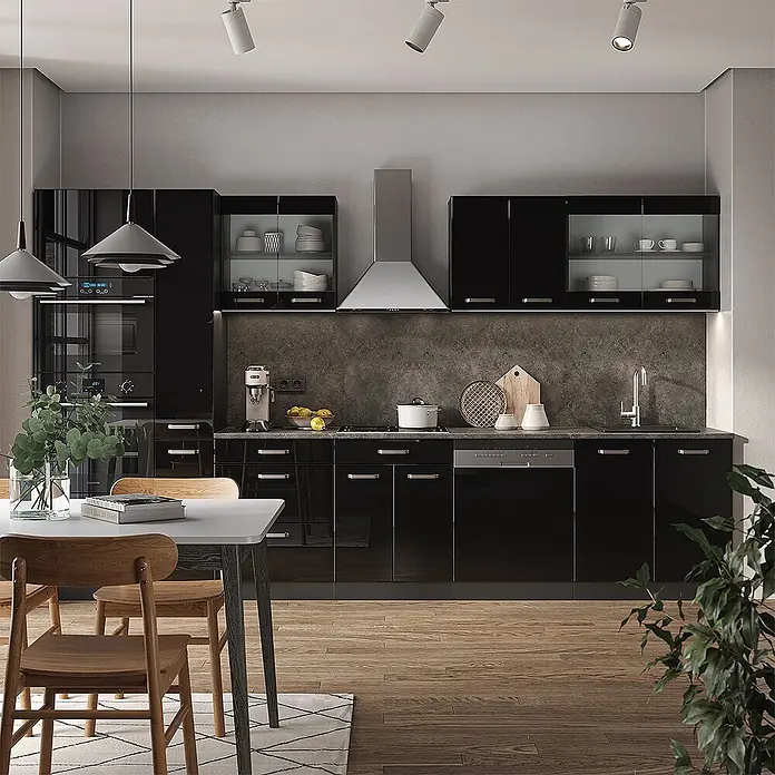 Vicco Küchenzeile R-Line Schwarz Hochglanz/Anthrazit mit Hochschrank, AP Eiche - Breite: 350 cm, Schwarz Hochglanz, Ohne Elektrogeräte - Moderne Küche mit schwarzen Hochglanzschränken, integrierten Geräten und minimalistischem Design.